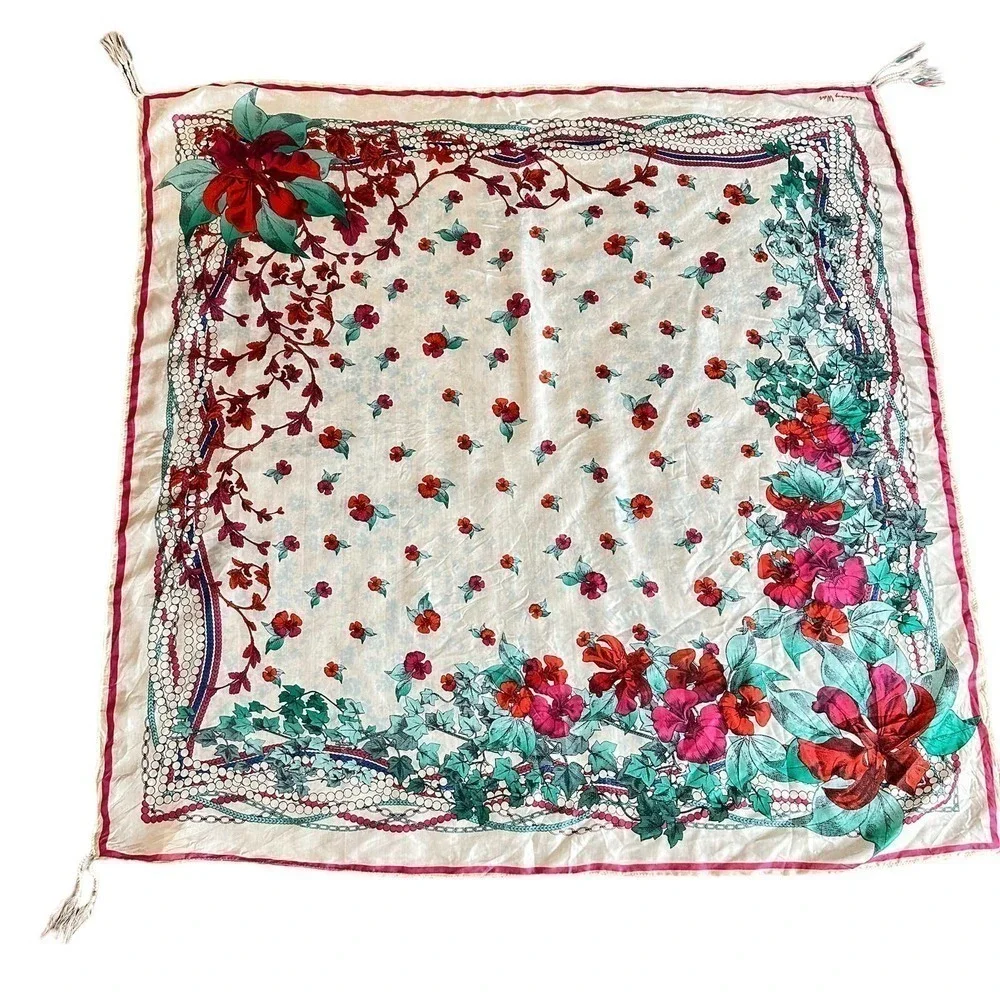 Johnny Was Large Silk Floral scarf shawl square Cover up oversized tassels pearl